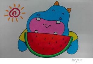动物吃瓜儿童创意画,动物与孩子们共绘欢乐食趣